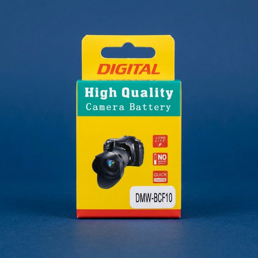 Yellow and green DMW-BCF10 camera battery box on a dark blue background