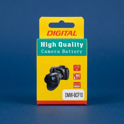 Yellow and green DMW-BCF10 camera battery box on a dark blue background