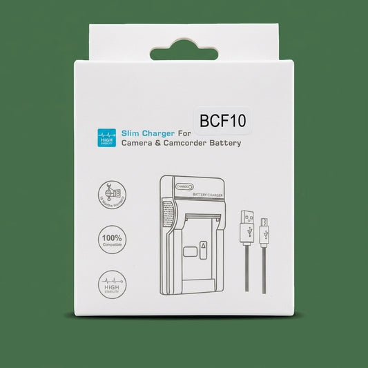 White BCF10 slim charger box with charger and USB cable illustration, green background