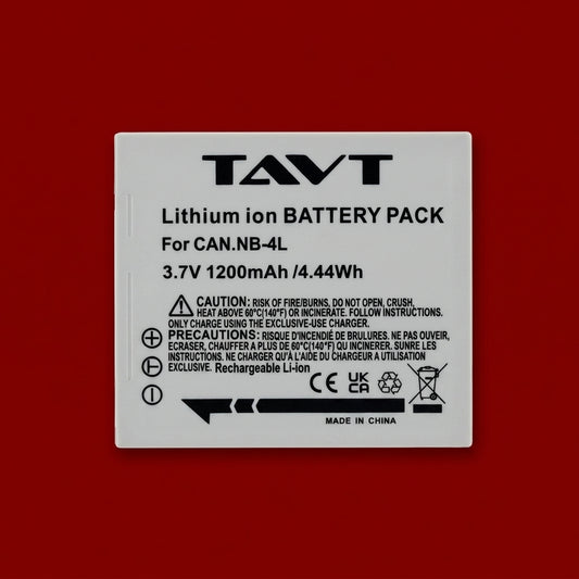 White TAVT lithium ion battery pack for Canon NB-4L on a dark red background