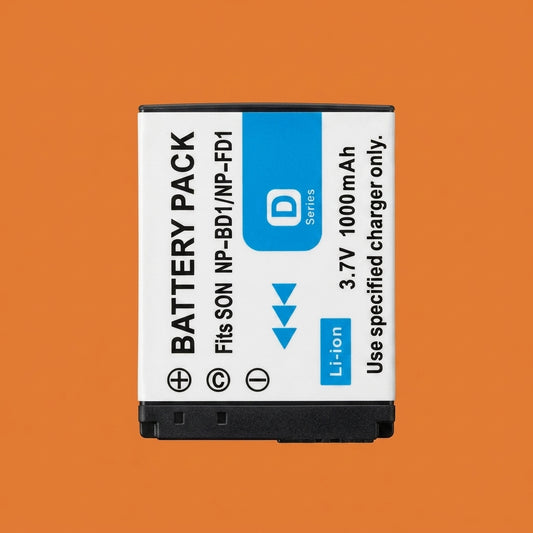 Battery pack for Sony NP-BD1 and NP-FD1 on an orange background