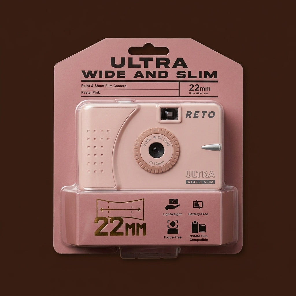 Reto Ultra Wide & Slim camera in pastel pink, sealed in blister packaging