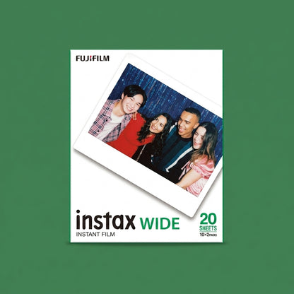 Fujifilm Instax Wide instant film pack, 20 sheets, front view on green background