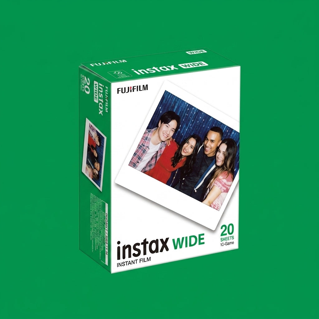 Fujifilm Instax Wide 20 sheet box shown at an angle on green background