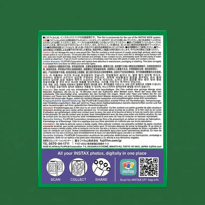 Back of Fujifilm Instax Wide film pack with multilingual warnings and Instax app icons