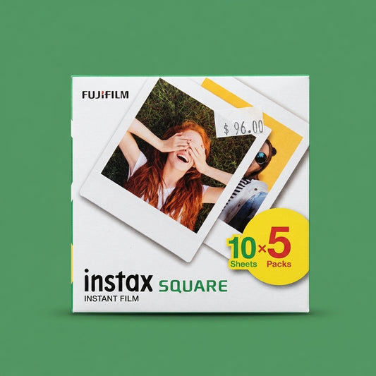 Fujifilm Instax Square film box front, 10 sheets x 5 packs, price sticker, green background