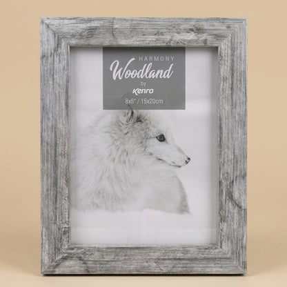 Grey distressed wood-look Harmony Woodland frame with white fox insert print, front view