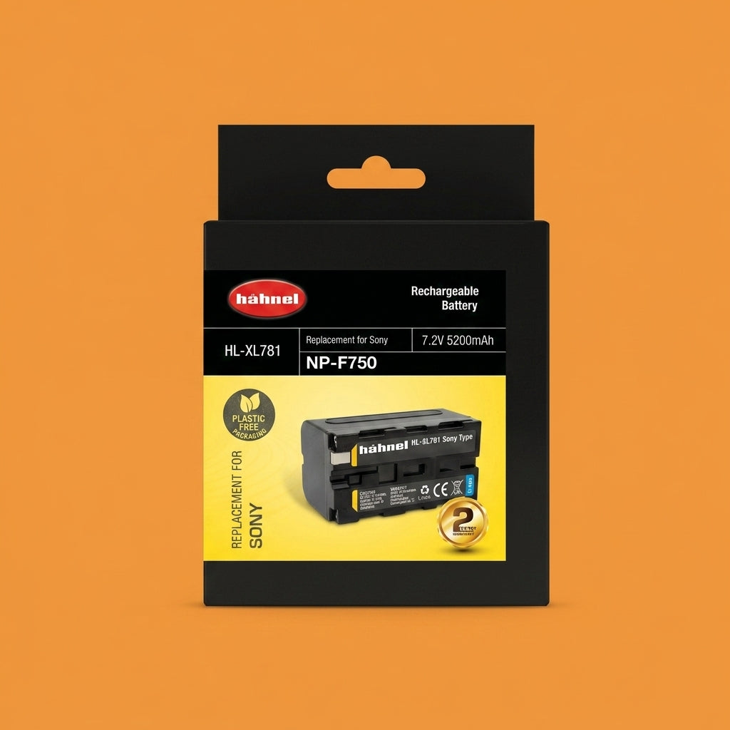 Hahnel HL-XL781 NP-F750 rechargeable battery in black and yellow box on orange background
