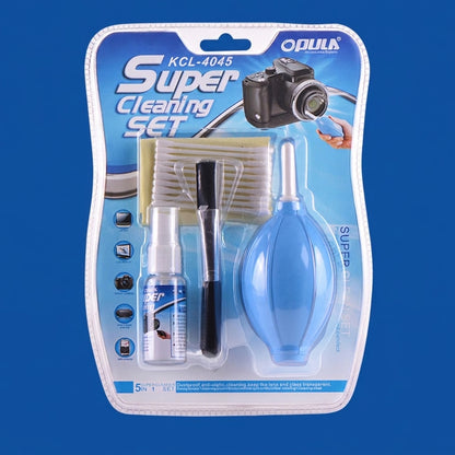 Opula Super Cleaning Set blister pack showing blower, brush, cleaning fluid and cloth