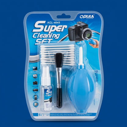 Opula Super Cleaning Set in blue blister packaging with blower, brush, spray and swabs