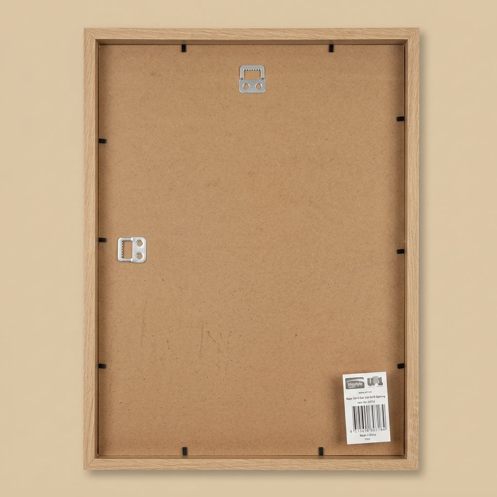Back of the light oak 12x16 frame showing MDF backing, two hanging hooks and label
