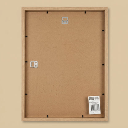 Back of the light oak 12x16 frame showing MDF backing, two hanging hooks and label