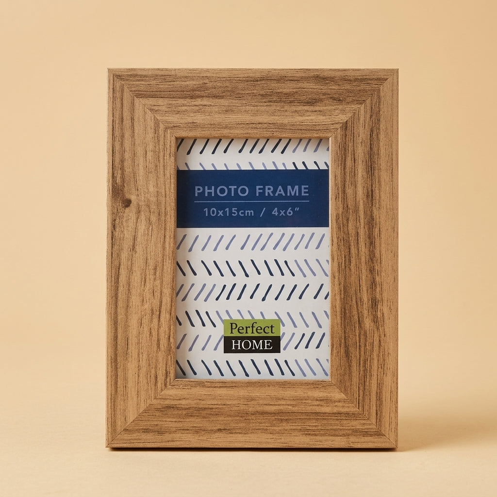 Westminster 6x4 photo frame in light brown woodgrain, standing on a beige background