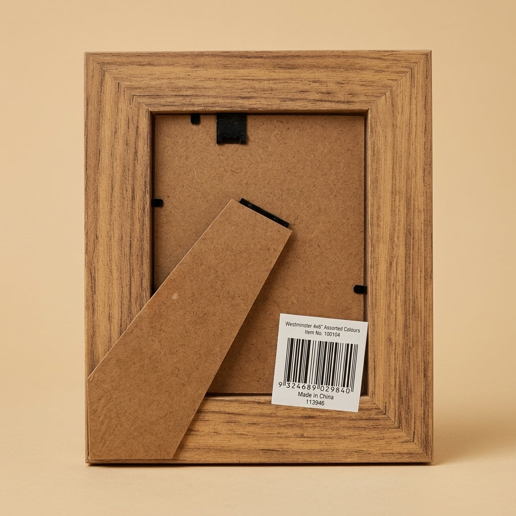 Back of the Westminster 6x4 frame showing the fold-out stand, clips and barcode label
