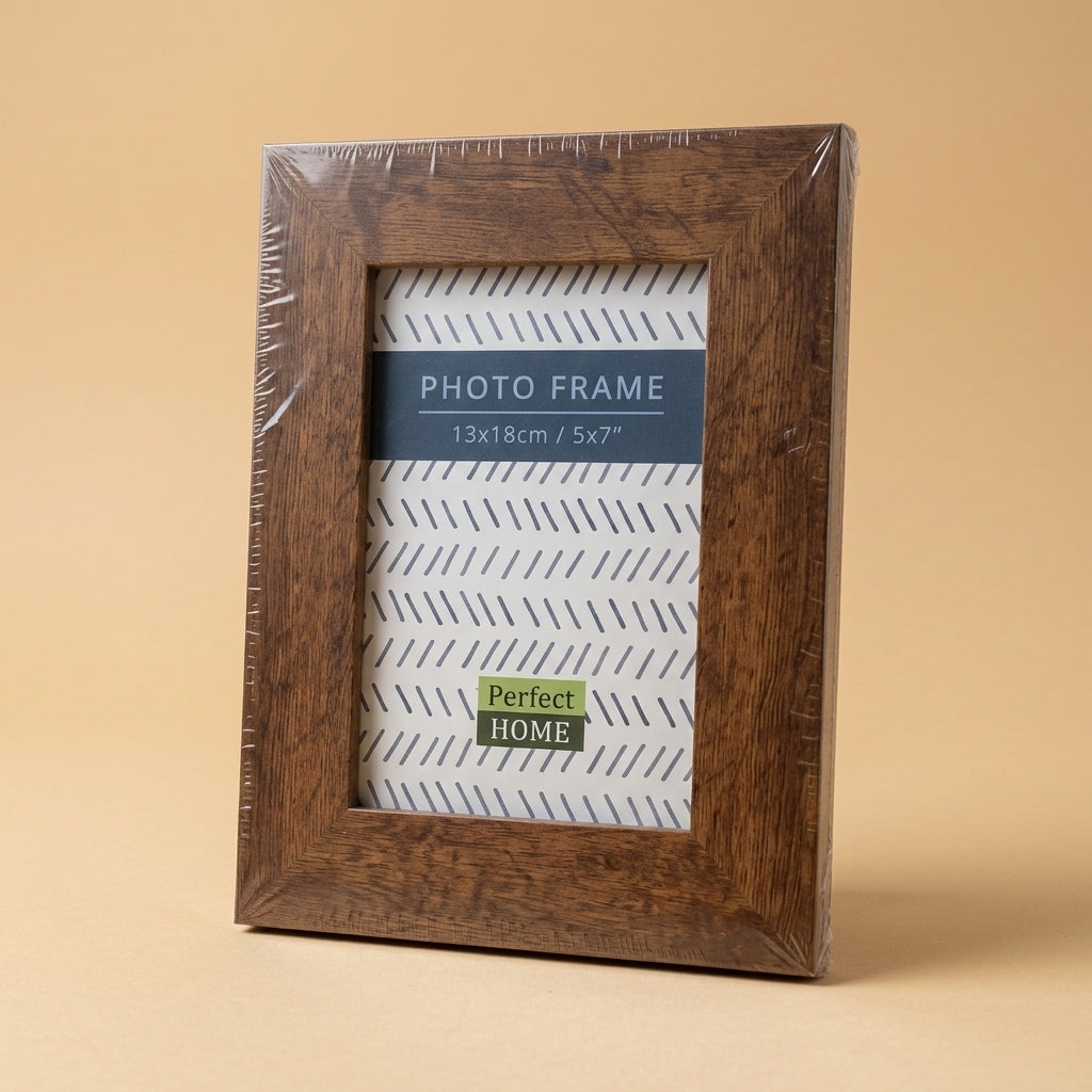 Westminister 5x7 wooden frame in plastic wrap, shown at an angle