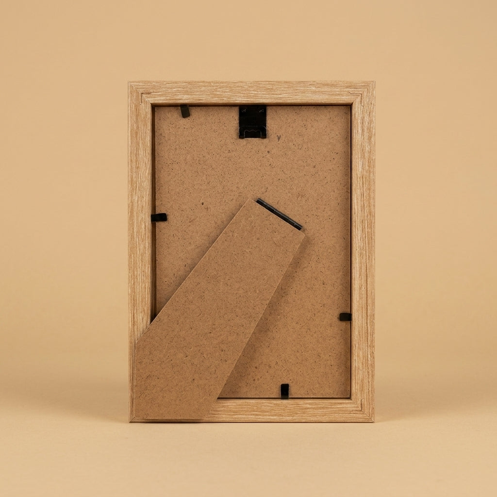 Back of the Geneva 6x4 oak frame showing the fold-out stand and clips