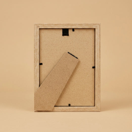 Back of the light oak Geneva 5x7 frame showing MDF backing board and fold-out stand
