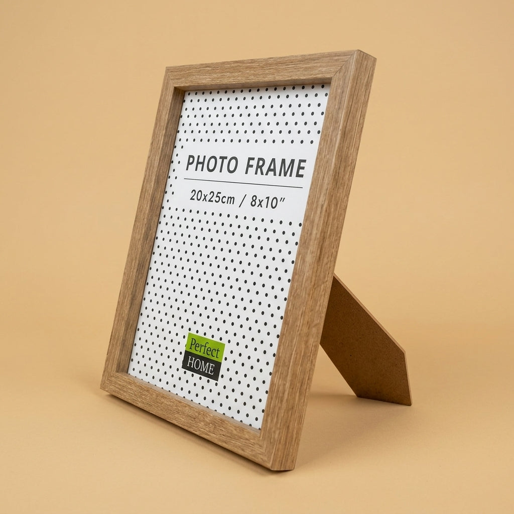 Oak 8x10 photo frame standing at an angle with cardboard easel stand out