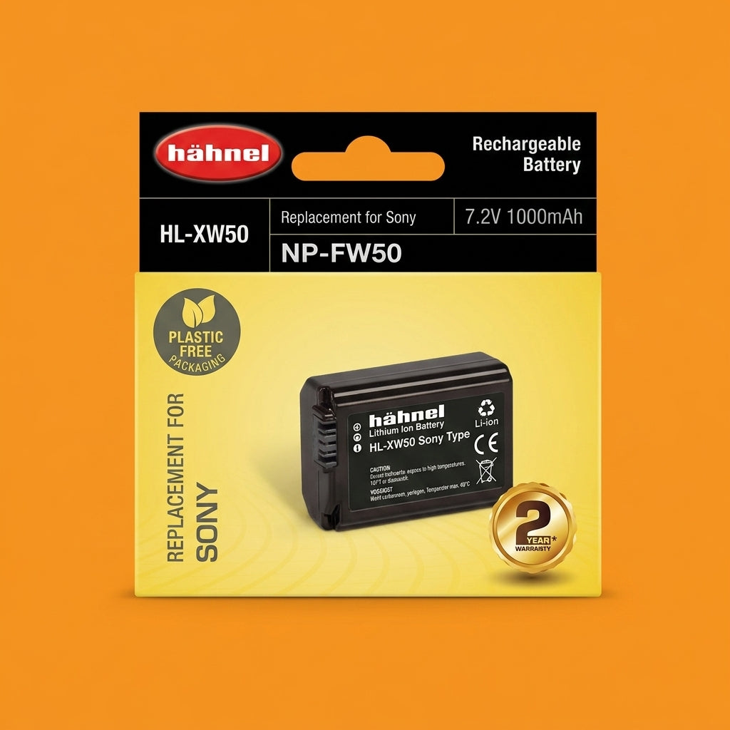 Hahnel NP-FW50 battery packaging, black and yellow card box on orange background