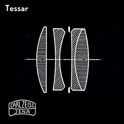 Diagram of a Tesser lens with Carl Zeiss Jena branding on a black background