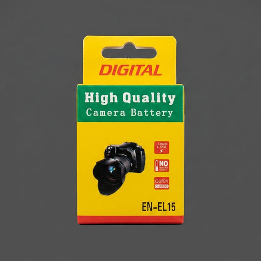 Yellow and red retail box for an EN-EL15 camera battery on a grey background