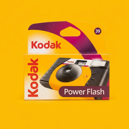 Boxed Kodak Power Flash single-use camera, 39 exposures, on yellow background