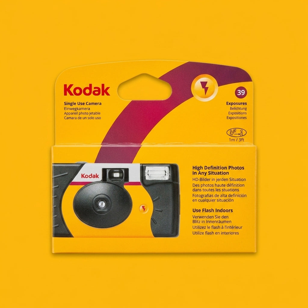 Kodak HD Power Flash single use camera in its yellow 39 exposure box on a yellow background