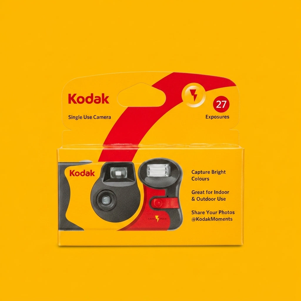 Kodak single use camera box, 27 exposures, front of packaging on yellow background