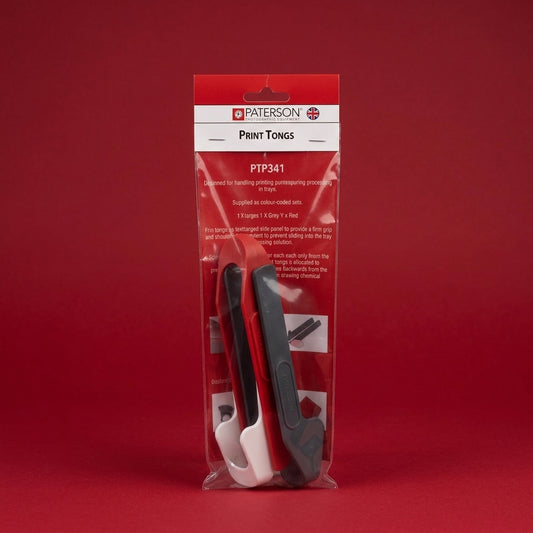 Paterson Print Tongs, three colour-coded pairs in sealed packet on red background