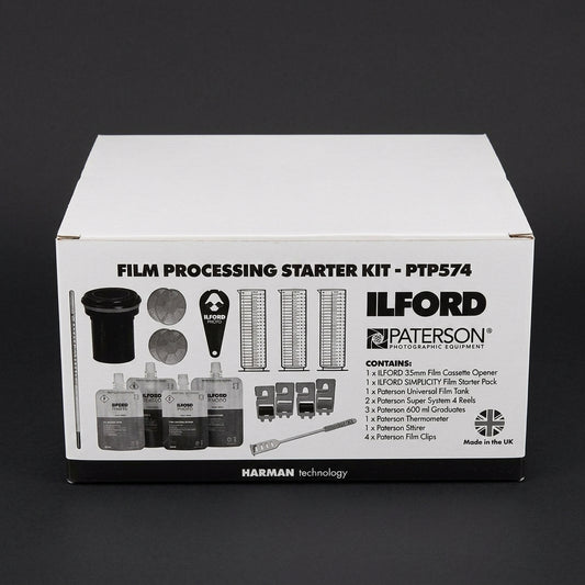 White Ilford and Paterson film processing starter kit box with contents printed on side