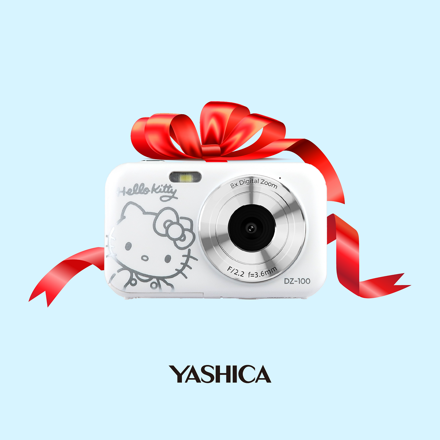 Yashica camera with Hello Kitty design and a red ribbon on a light blue background