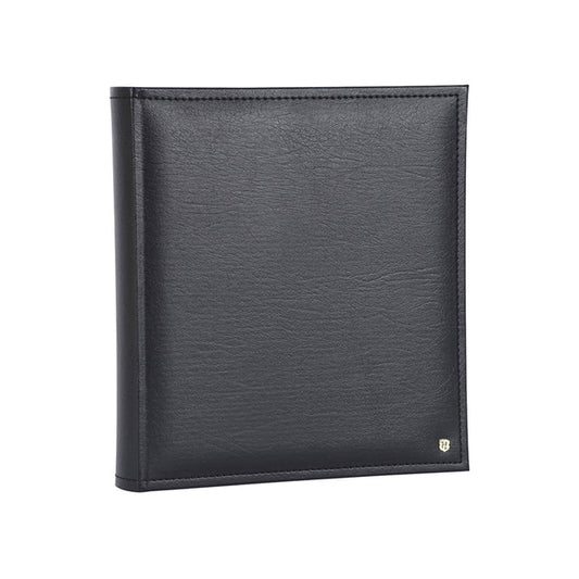 Henzo Lonzo photo album in black leather-look cover, standing upright on white